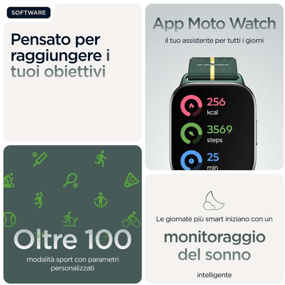 Motorola Moto Watch Fit 44.5mm Smartwatch AMOLED Cassa Alluminio GPS Bluetooth Colore Verde/Grigio