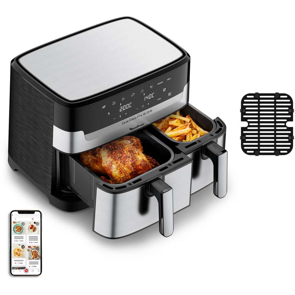 Moulinex Dual Easy Fry EZ905D Friggitrice ad Aria Doppio Cestello Asimmetrico 8,3 Litri Sync 2700 W Inox e Nero