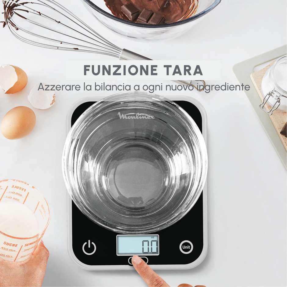 Moulinex Optiss BN50U5 Bilancia da cucina digitale 5 kg, precisione 0,5 g, nera