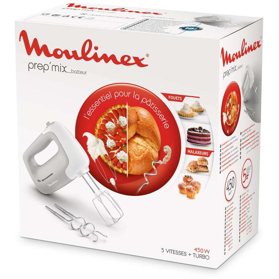 Moulinex Prep'Mix HM450B Sbattitore Elettrico 450 W 5 Velocità + Turbo con Fruste e Ganci Inox