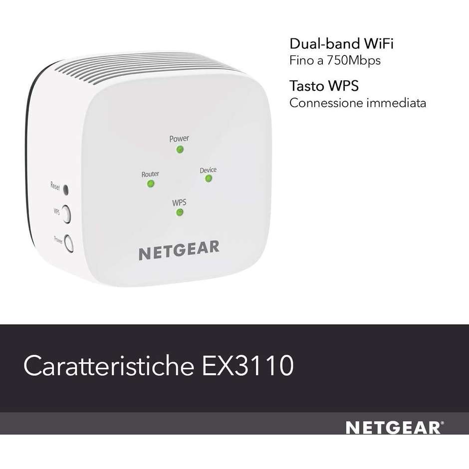 Netgear EX3110 Ripetitore Wi-Fi Range Extender AC750 Dual Band Tecnologia FastLane Presa a Muro Bianco