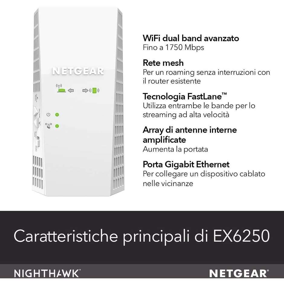 Netgear EX6250 Ripetitore Wi-Fi Dual Band LAN compatibile con Modem Fibra e ADSL colore bianco