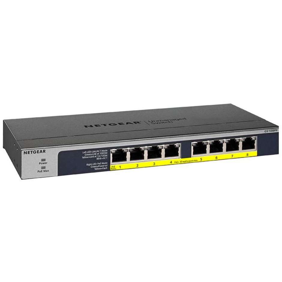 Netgear GS108PP Switch Desktop 8 Porte Gigabit Ethernet con PoE+ Power over Ethernet 123W Chassis Metallico Fanless - Nero