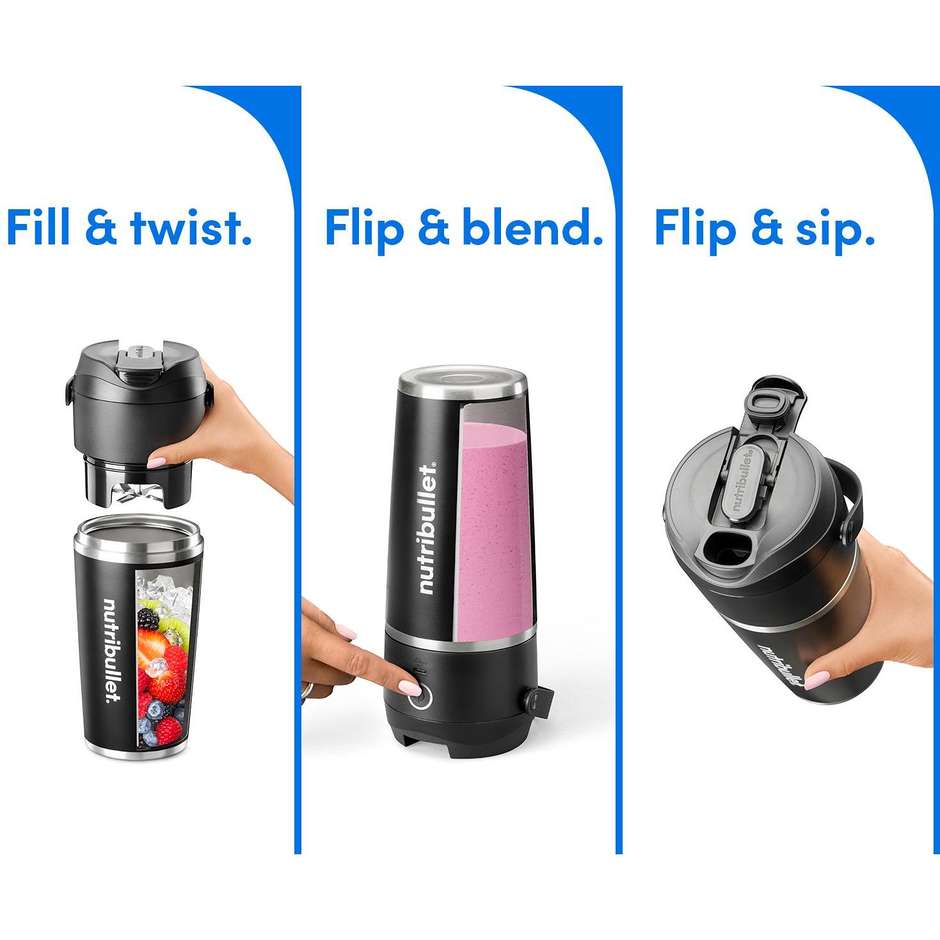 NutriBullet Flip NBP016B Frullatore Portatile Ricaricabile 590 ml Acciaio Inox Nero