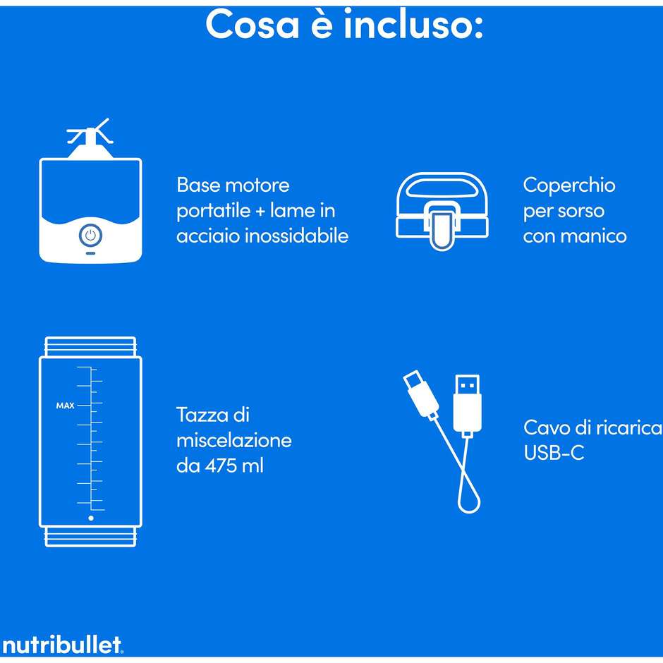 NutriBullet GO NBP003NBL Frullatore Portatile Ricaricabile USB-C Caraffa 375 ml Blu Navy