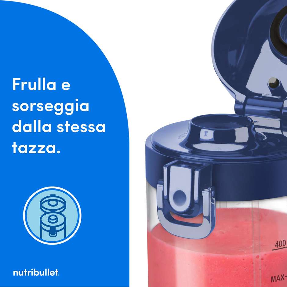NutriBullet Portable NBP003NBL Frullatore Ricaricabile USB-C 475ml con Lame a 4 Punte Blu Marino