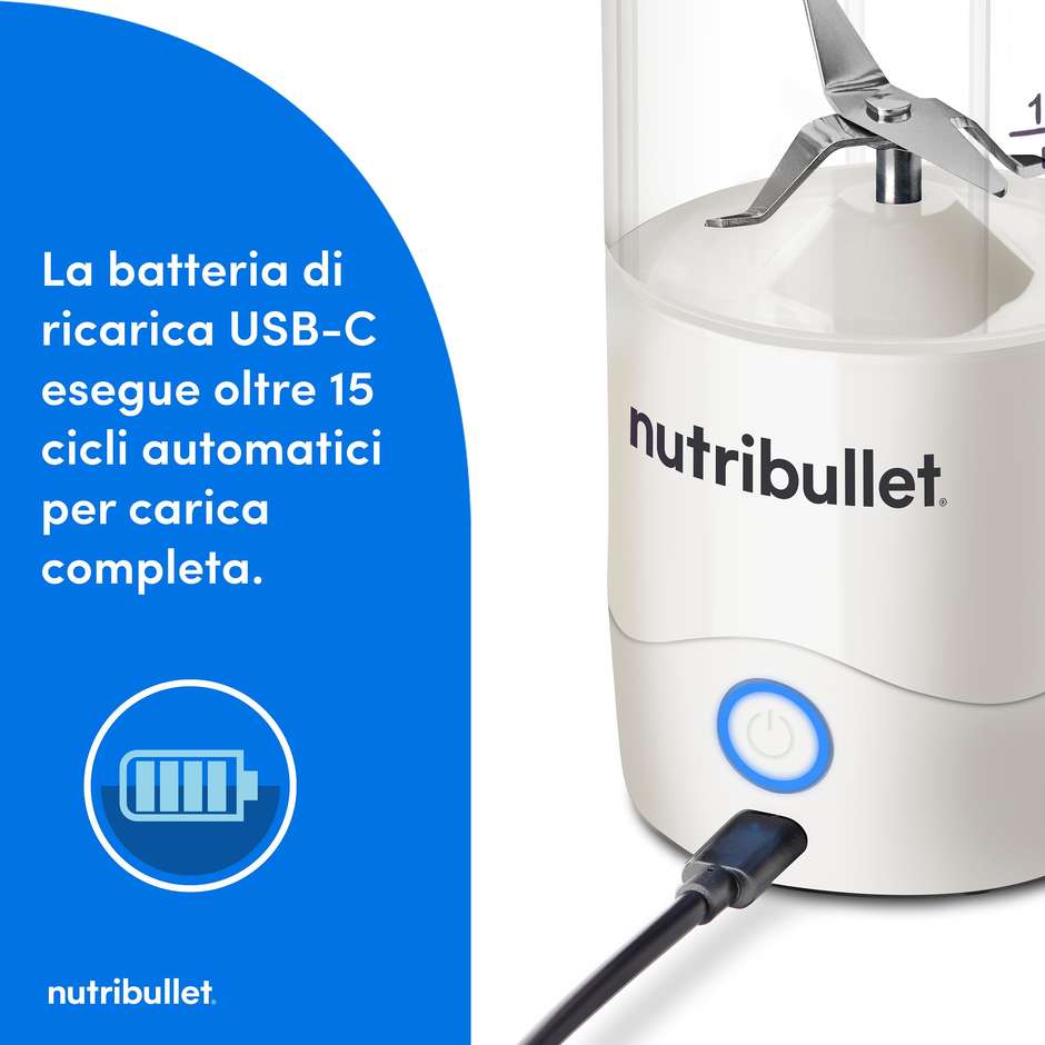 NutriBullet Portable NBP003W Frullatore Senza Fili Ricaricabile USB-C 475ml con Tazza da Asporto Bianco