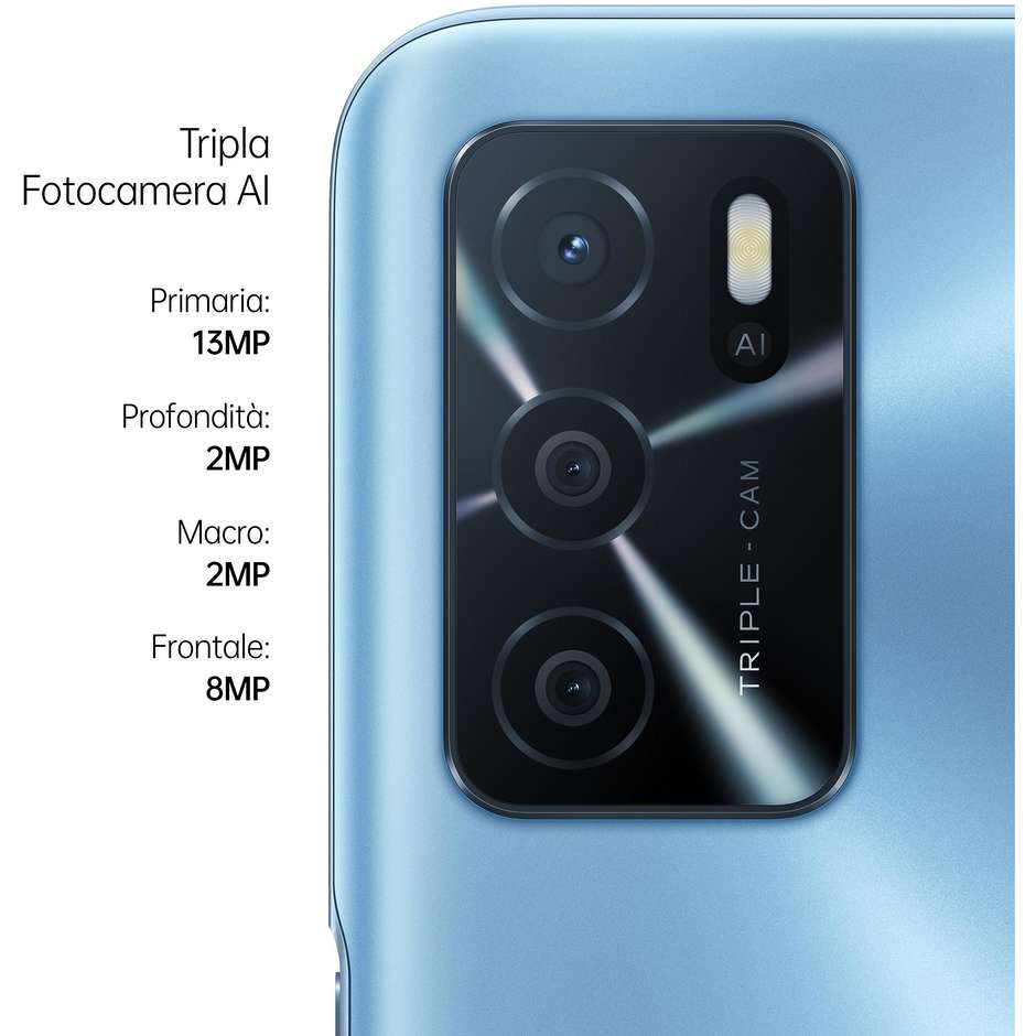 Oppo A16 Smartphone 6,5" HD+ Ram 4 Gb Memoria 64 Gb Android colore Pearl Blue