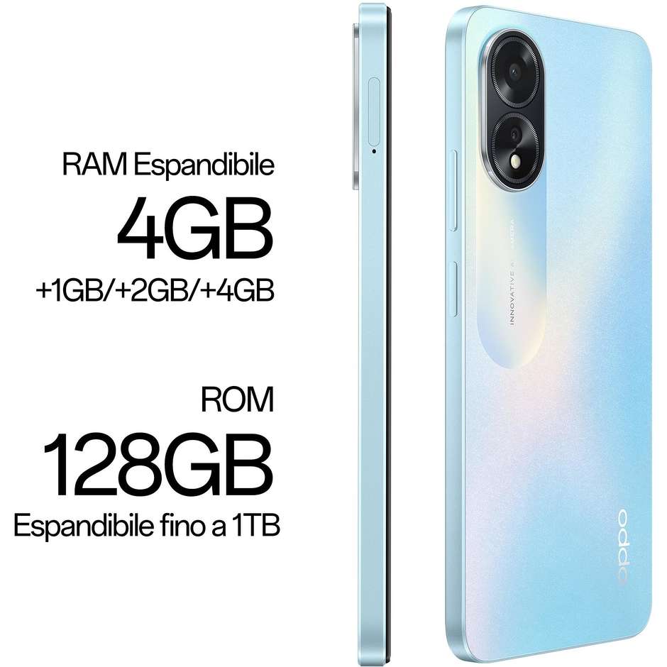 Oppo A18 Smartphone 6,56" HD+ Ram 4 Gb Memoria 128 Gb Android colore blue