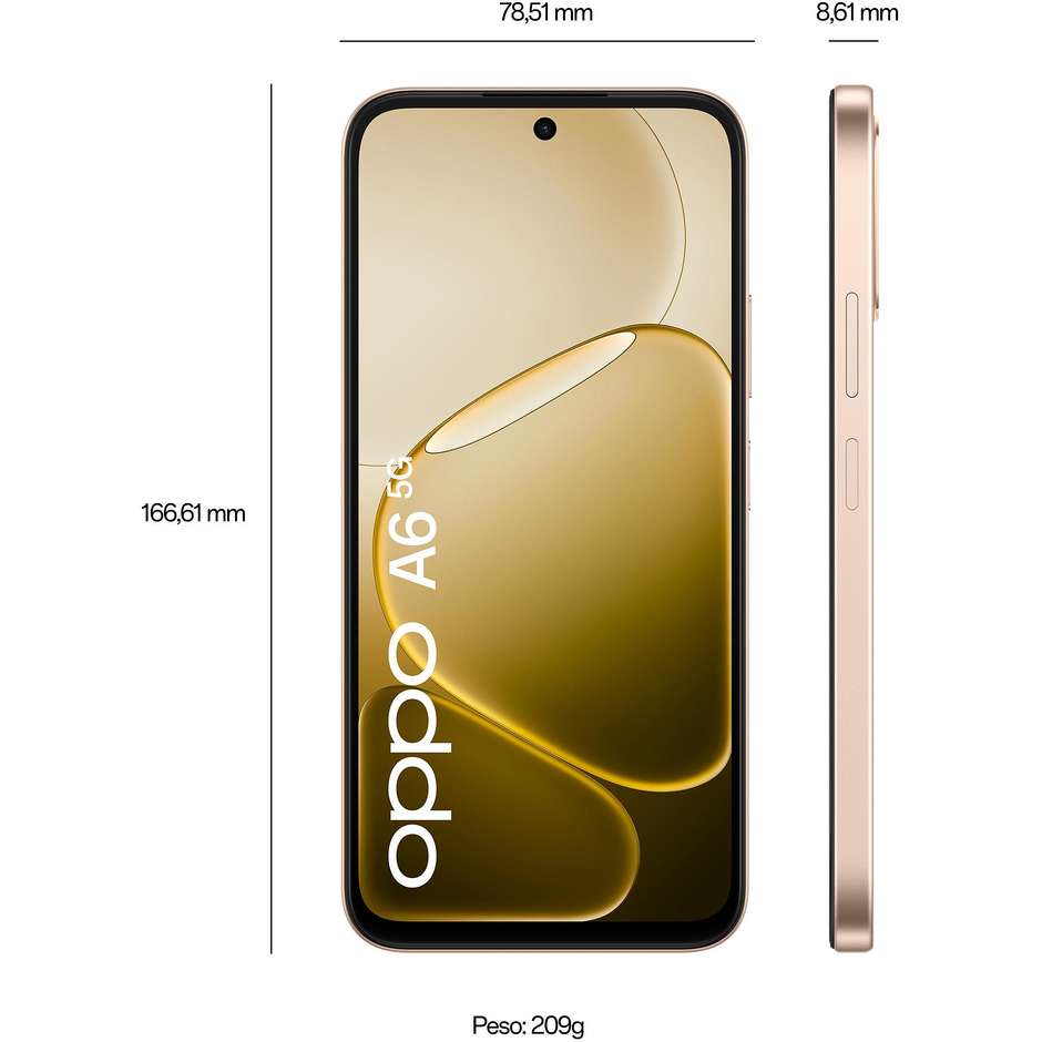 OPPO A6 Smartphone 5G 17,1 cm (6.75") 120Hz 6 GB 256 GB Doppia SIM 50 MP 6550 mAh Oro (Aurora Gold)