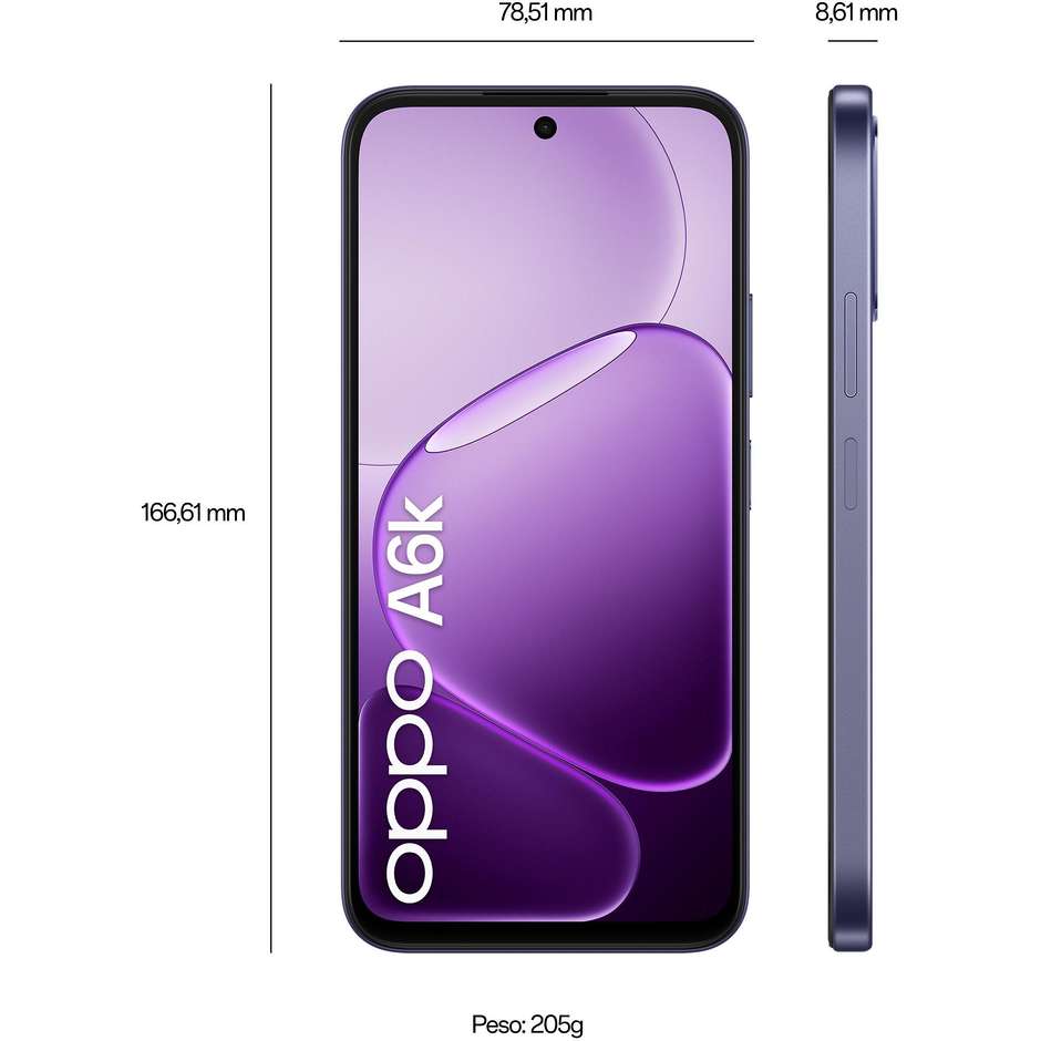 OPPO A6k Smartphone 17,1 cm (6.75") 120Hz 4 GB 256 GB Doppia SIM 5000 mAh Nero (Crystal Black)