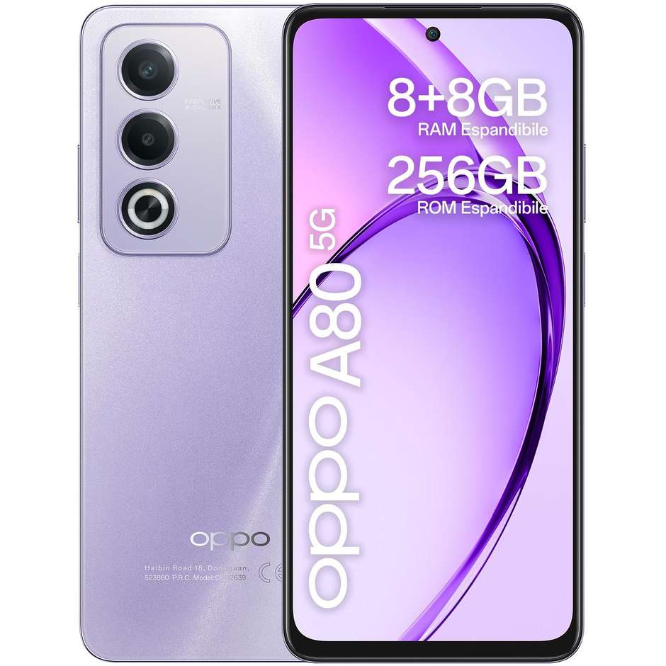 OPPO A80 5G Smartphone 6.67” RAM 16 GB Memoria 256 GB Android 14 Colore Moonlight Purple