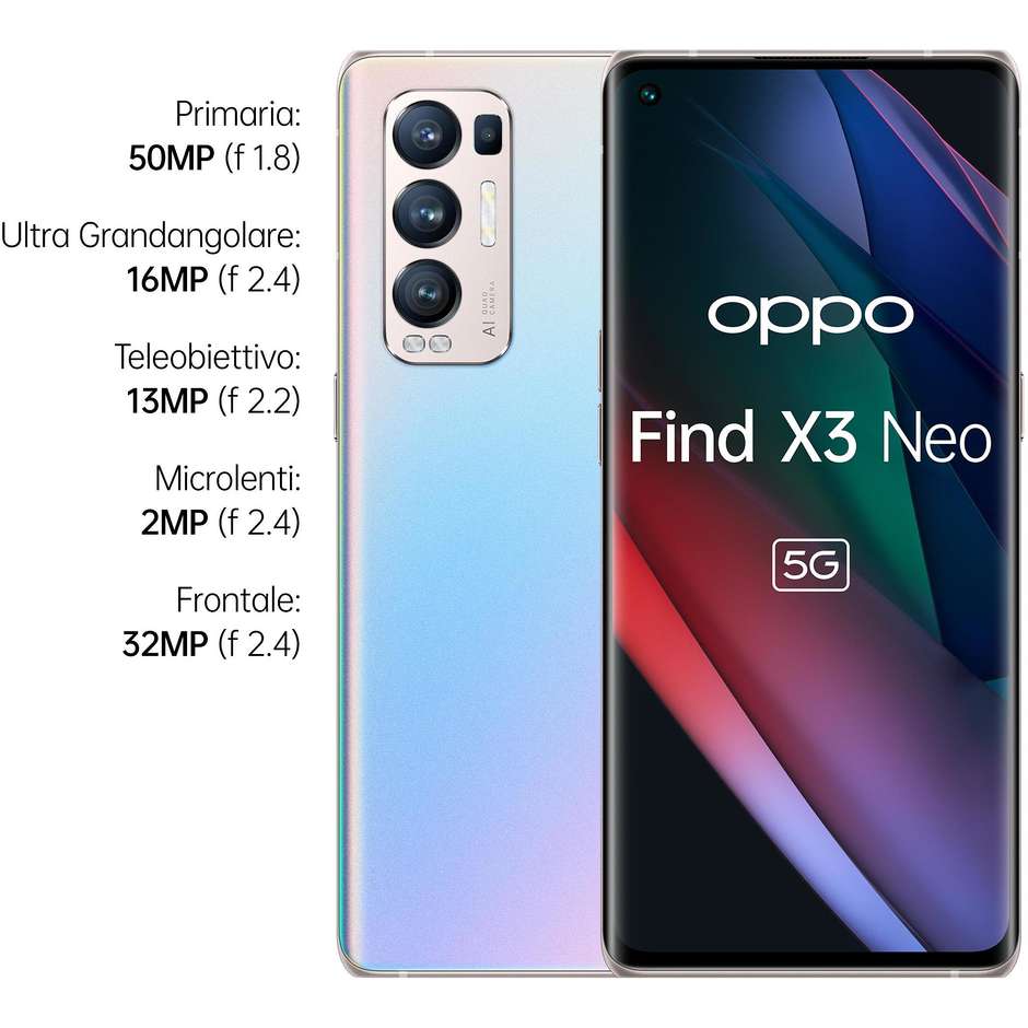 Oppo Find X3 Neo 5G Smartphone 6,55'' Ram 12 Gb Memoria 256 Gb Android colore Galactic Silver