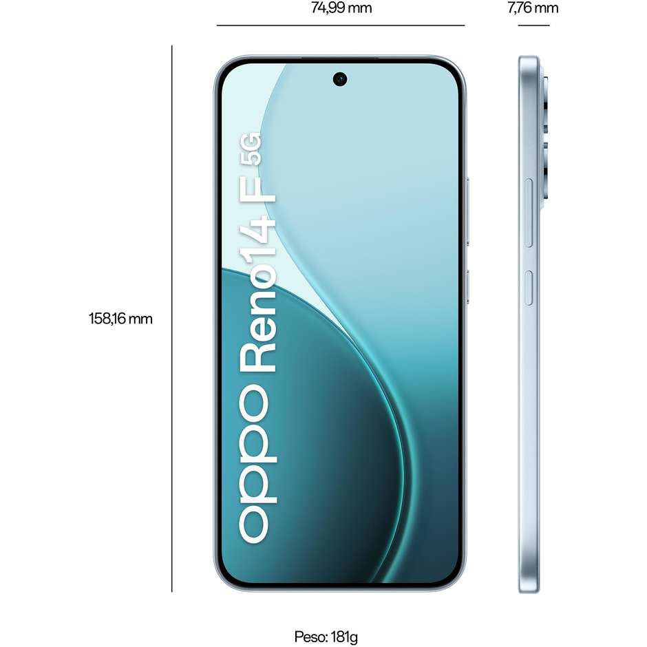 OPPO Reno 14 F Smartphone 5G 6.57" Ram 8 GB Memoria 256 GB Android 15 Colore Blu