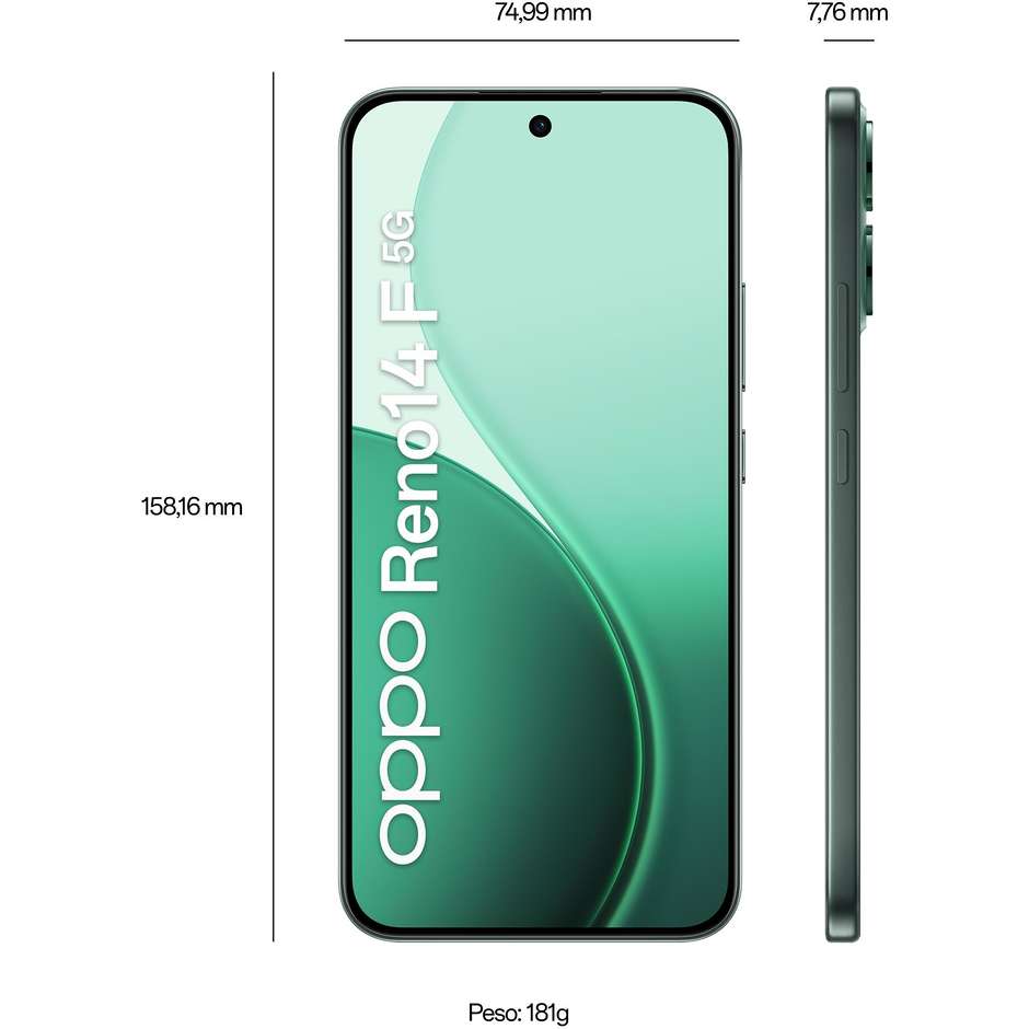 OPPO Reno 14 F Smartphone 5G 6.57" Ram 8 GB Memoria 256 GB Android 15 Colore Verde