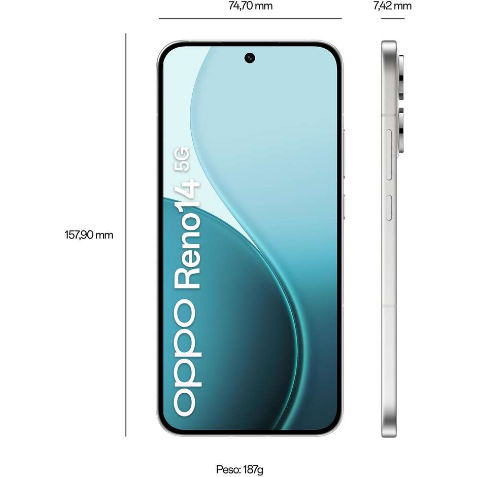 OPPO Reno 14 Smartphone 5G 16,7 cm (6.59") AMOLED 120Hz 12 GB 512 GB Tripla Fotocamera 50 MP AI 5000 mAh Bianco