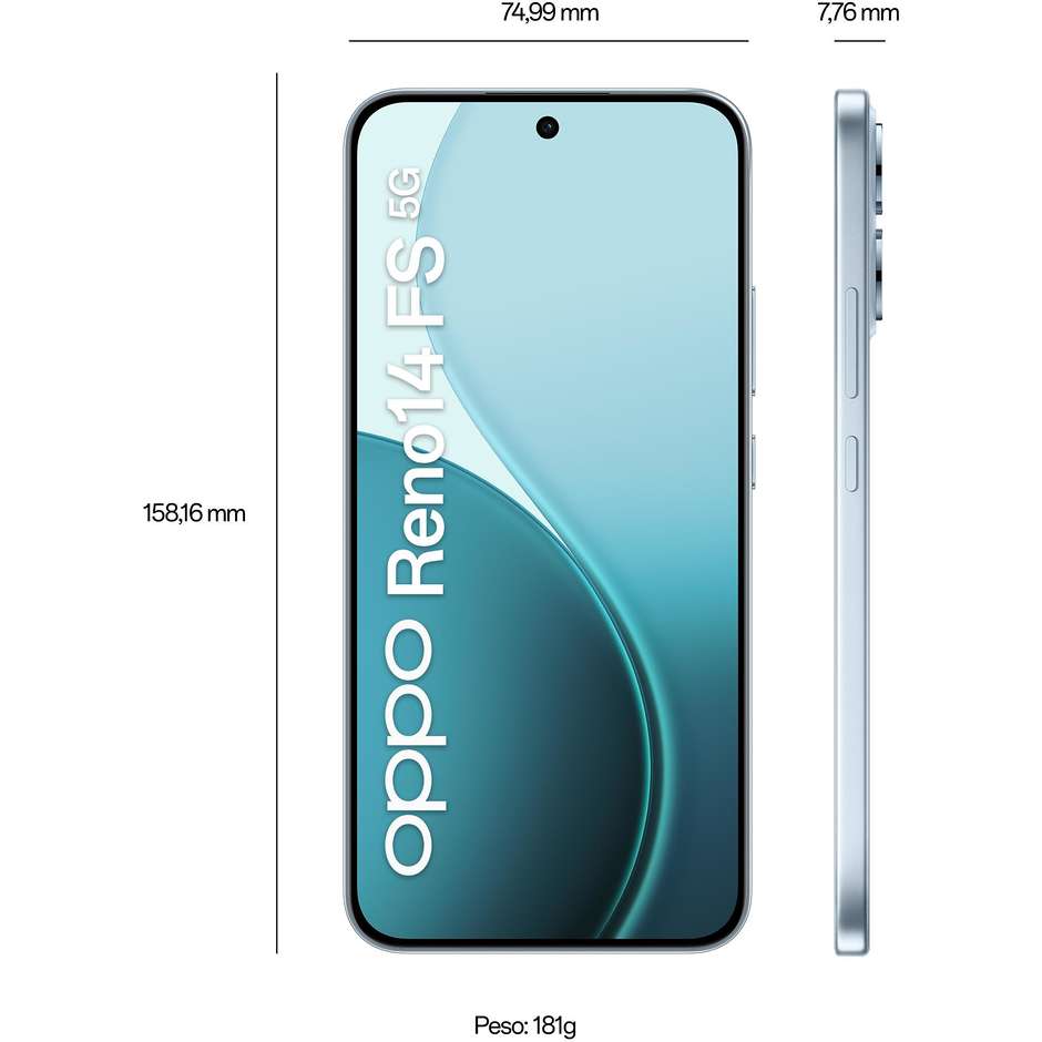 OPPO Reno14 FS Smartphone 5G 6.57" Ram 12 GB Memoria 512 GB Colore Blu
