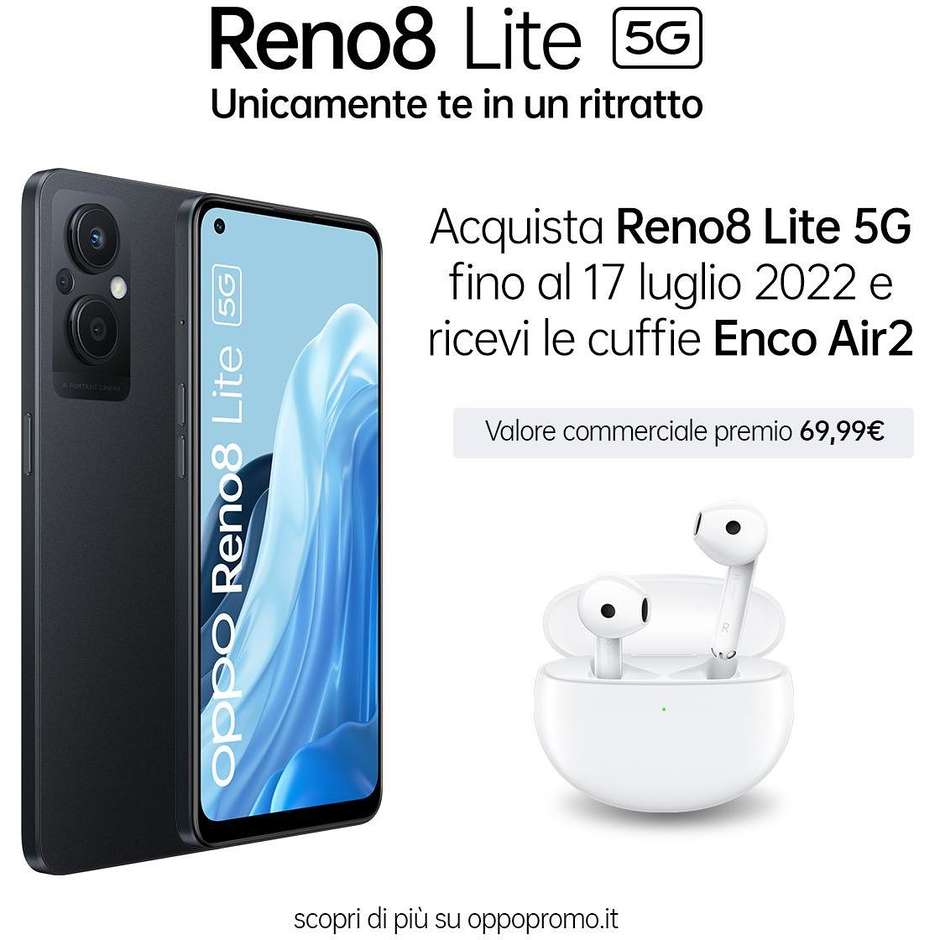 Oppo RENO8 LITE Smartphone 5G 6.4" Ram 8 Gb Memoria 128 Gb Android 11 Colore Nero