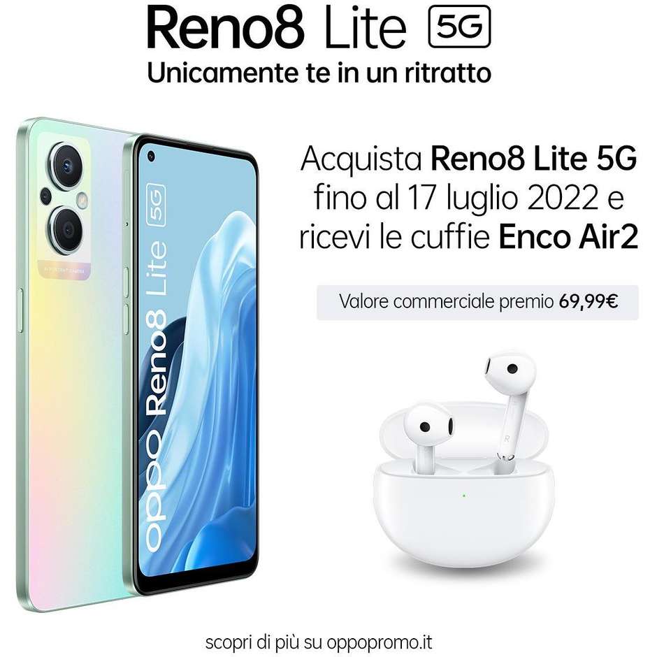 Oppo RENO8LITE Smartphone 5G 6.4" Ram 8 Gb Memoria 128 Gb Android 11 Colore Shimmer Gold