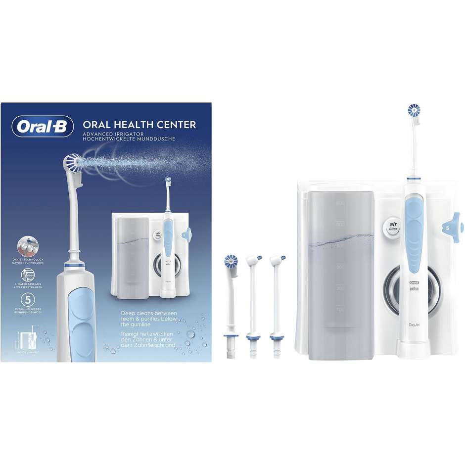 Oral-B Idropulsore Health Center Avanzato con 2 Beccucci Oxyjet, 2 Beccucci Con Getto D’acqua. 1 Idropulsore Colore Bianco