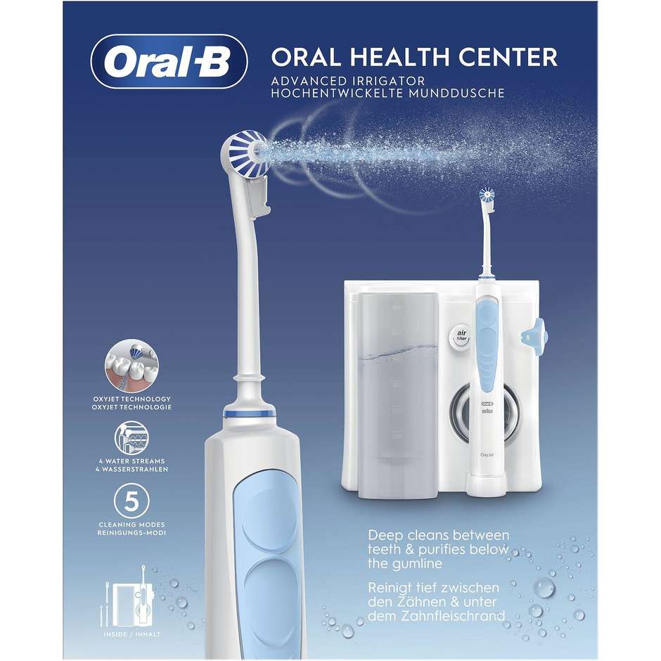 Oral-B Idropulsore Health Center Avanzato con 2 Beccucci Oxyjet, 2 Beccucci Con Getto D’acqua. 1 Idropulsore Colore Bianco