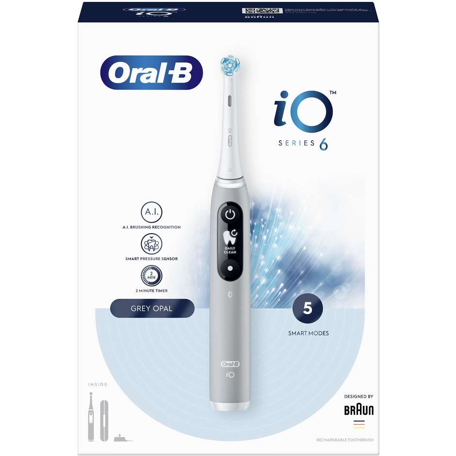 Oral-B iO Series 6 Spazzolino Elettrico Magnetico con Display Interattivo Grigio Opale