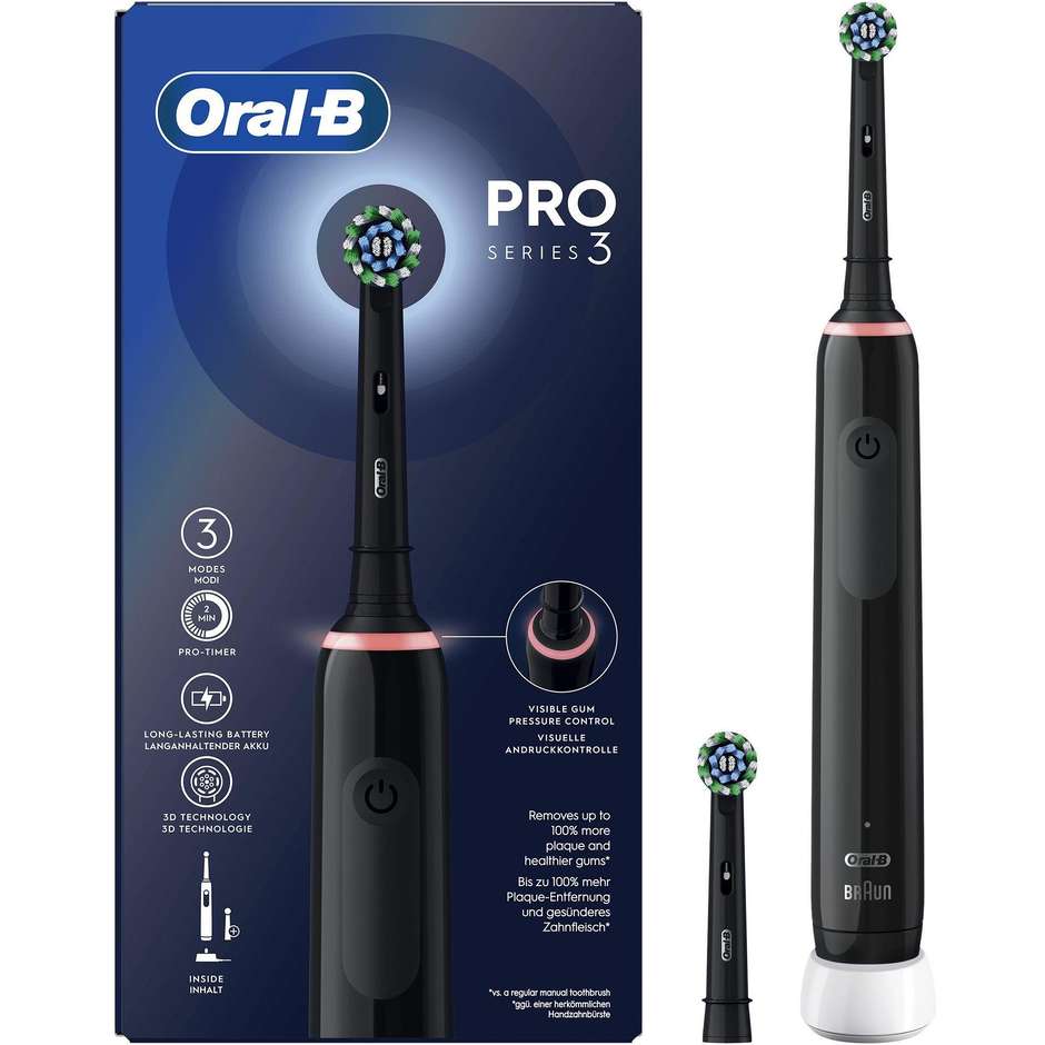 Oral-B Pro 3 Spazzolino Elettrico Ricaricabile 2 Testine, 1 Spazzolino Colore Nero