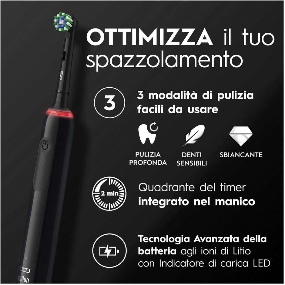 Oral-B Pro 3 Spazzolino Elettrico Ricaricabile 2 Testine, 1 Spazzolino Colore Nero