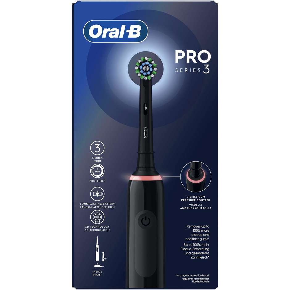 Oral-B Pro 3 Spazzolino Elettrico Ricaricabile 2 Testine, 1 Spazzolino Colore Nero