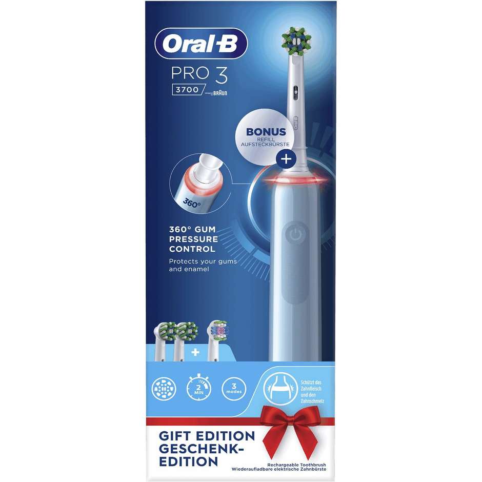 Oral-B PRO PRO3700CRO Spazzolino Elettrico Ricaricabile 3 3700 Blu, 3 testine, 1 Spazzolino