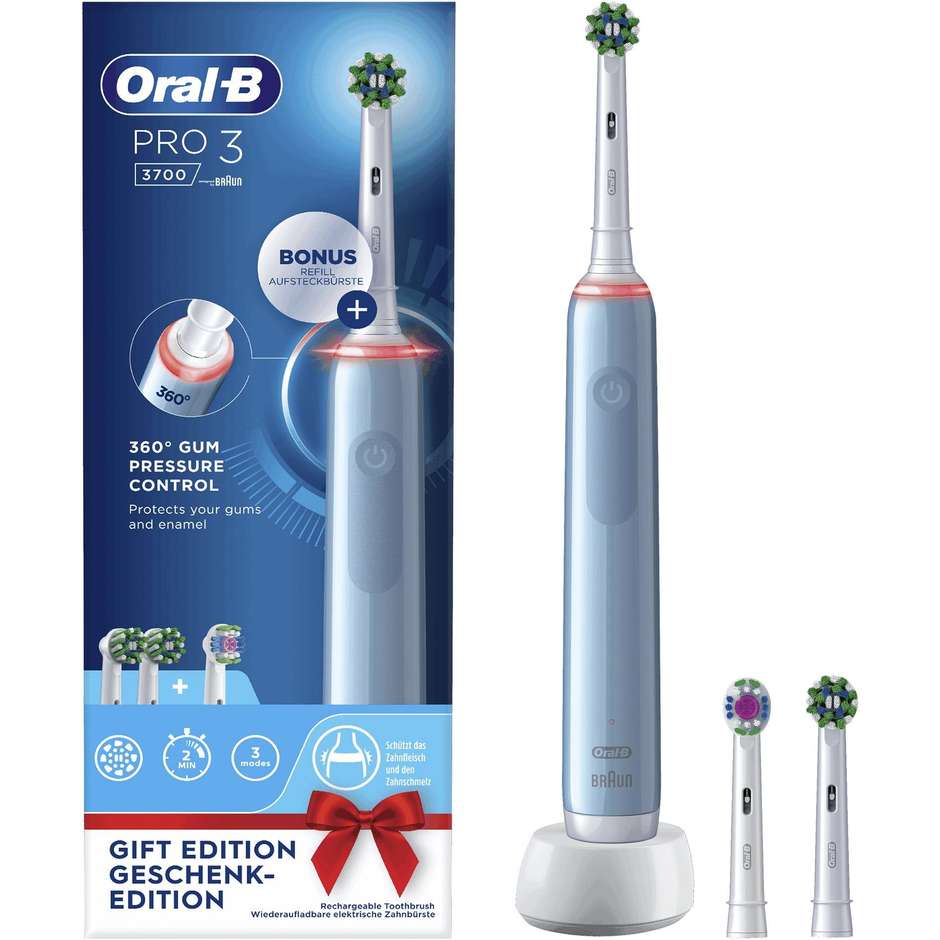 Oral-B PRO PRO3700CRO Spazzolino Elettrico Ricaricabile 3 3700 Blu, 3 testine, 1 Spazzolino