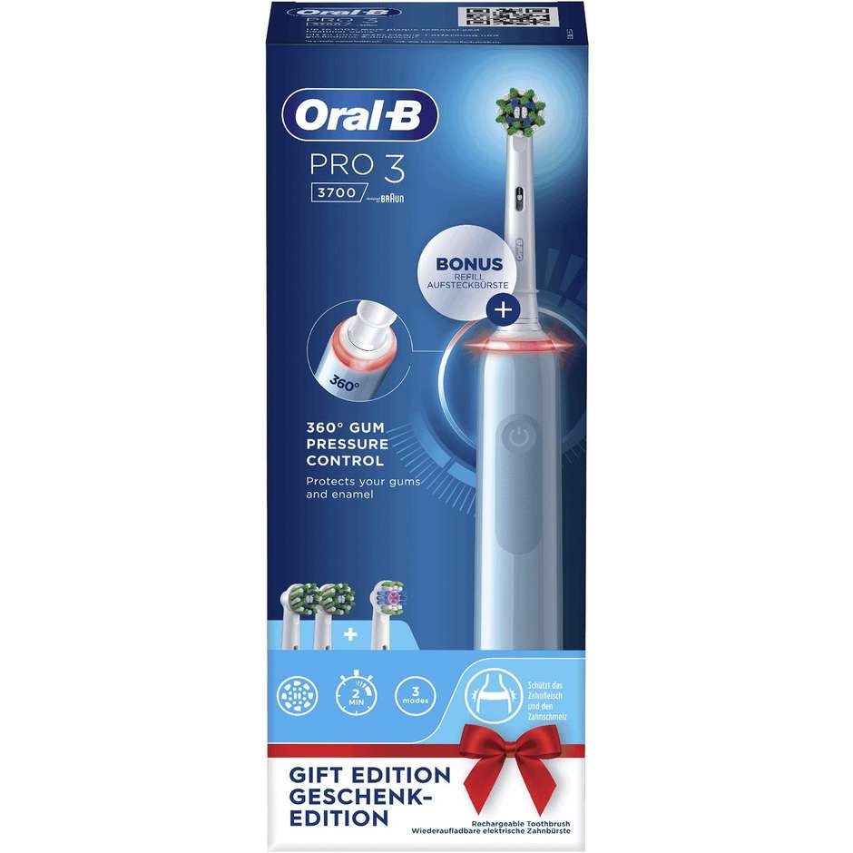 Oral-B PRO PRO3700CRO Spazzolino Elettrico Ricaricabile 3 3700 Blu, 3 testine, 1 Spazzolino