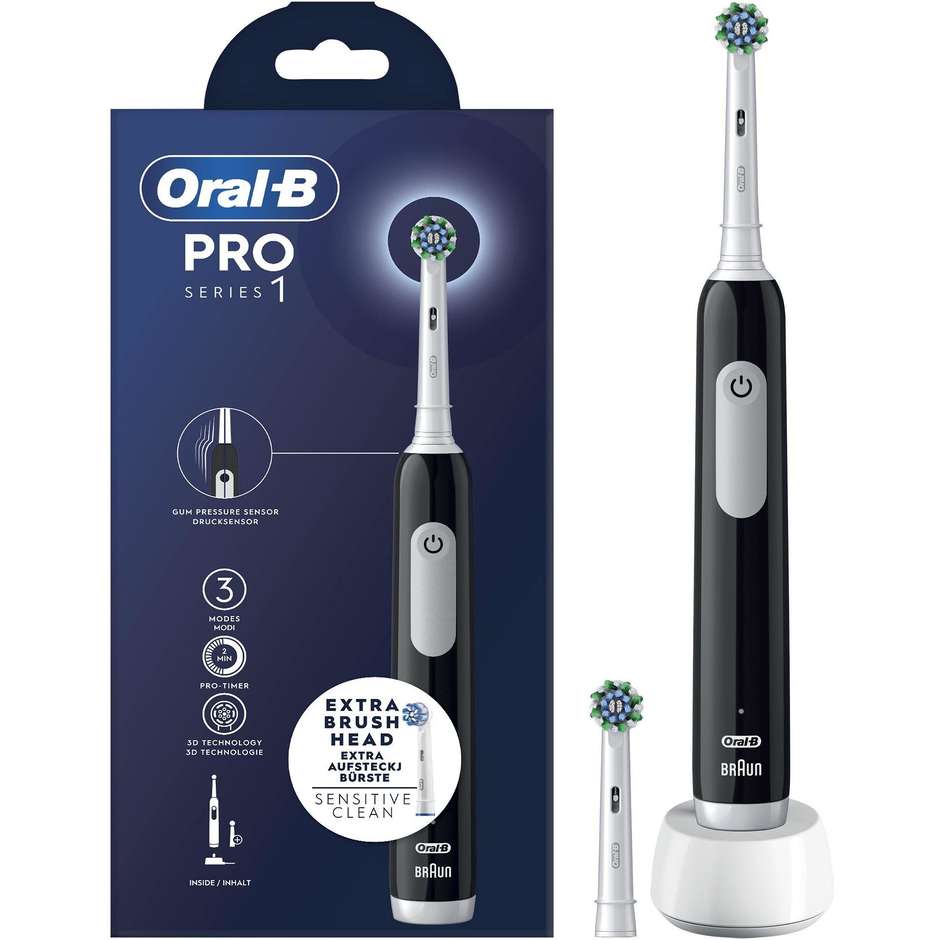 Oral-B Spazzolino Elettrico Ricaricabile Series 1 Colore Nero + 2 Testine di Ricambio, 1 Spazzolino