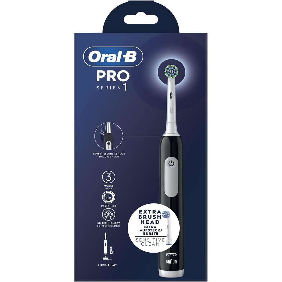 Oral-B Spazzolino Elettrico Ricaricabile Series 1 Colore Nero + 2 Testine di Ricambio, 1 Spazzolino