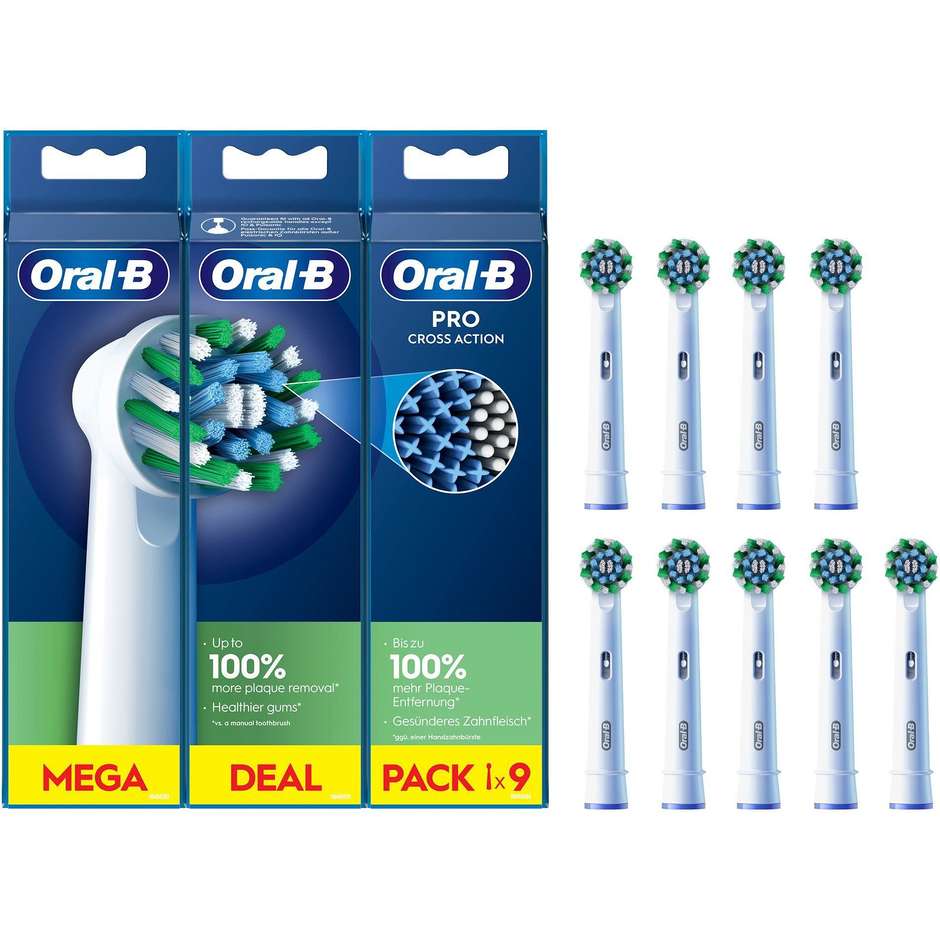 Oral-B Testine di Ricambio CrossAction Maxi Pack da 9 Pezzi con Setole Angolate