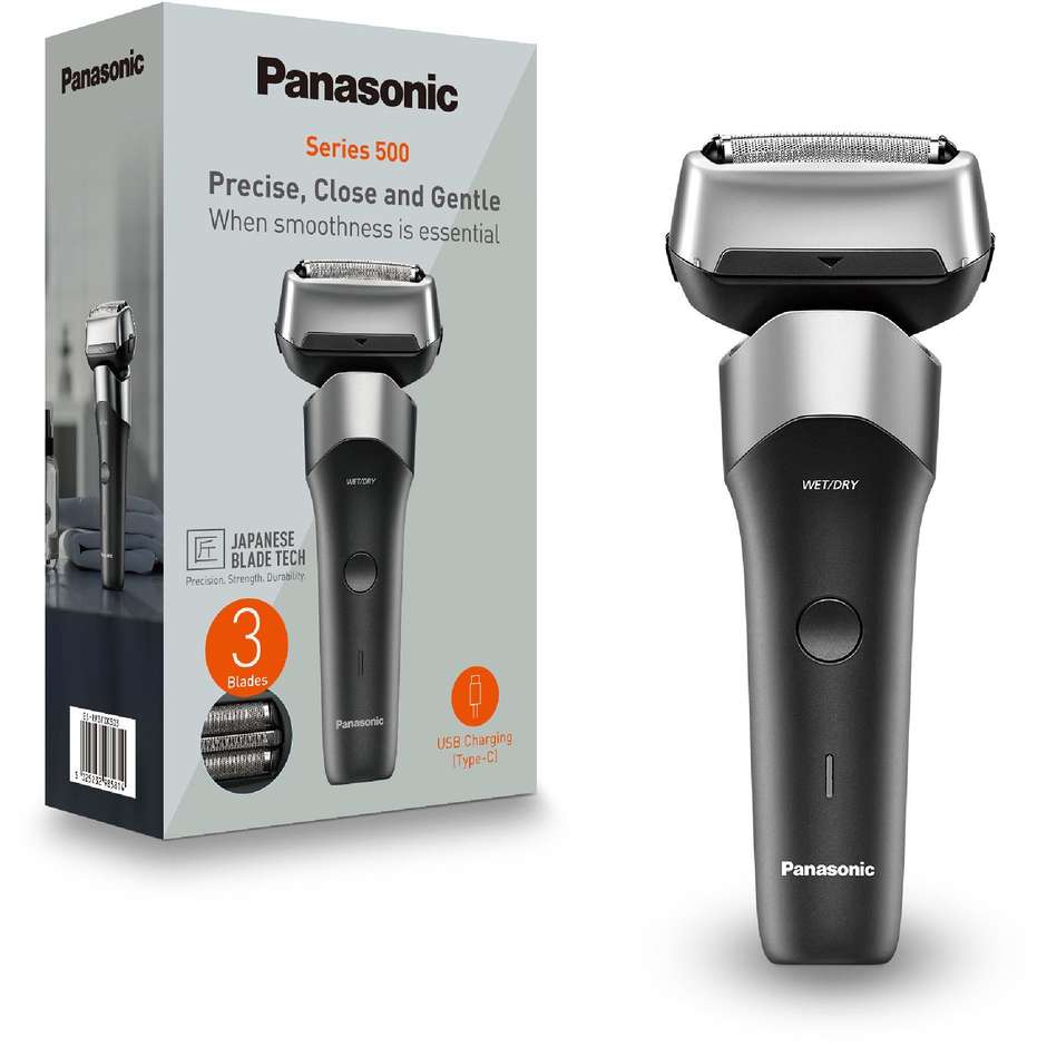 Panasonic ES-RM3FXK503 Rasoio Elettrico Ricaricabile Wet & Dry 3 Lame, Nero/Acciaio Inox, Ricarica USB-C