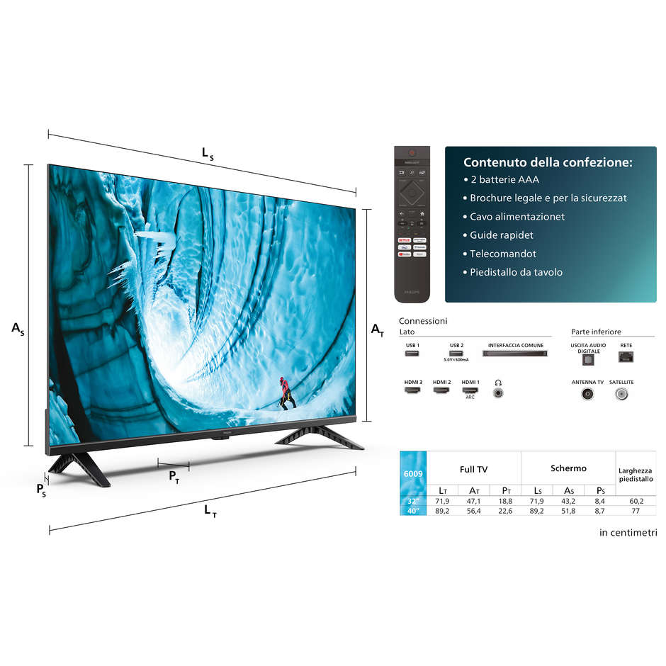 Philips 32PHS6009/12 Smart TV LED 32" HD Ready Wi-Fi DVB-T2 Classe D Nero