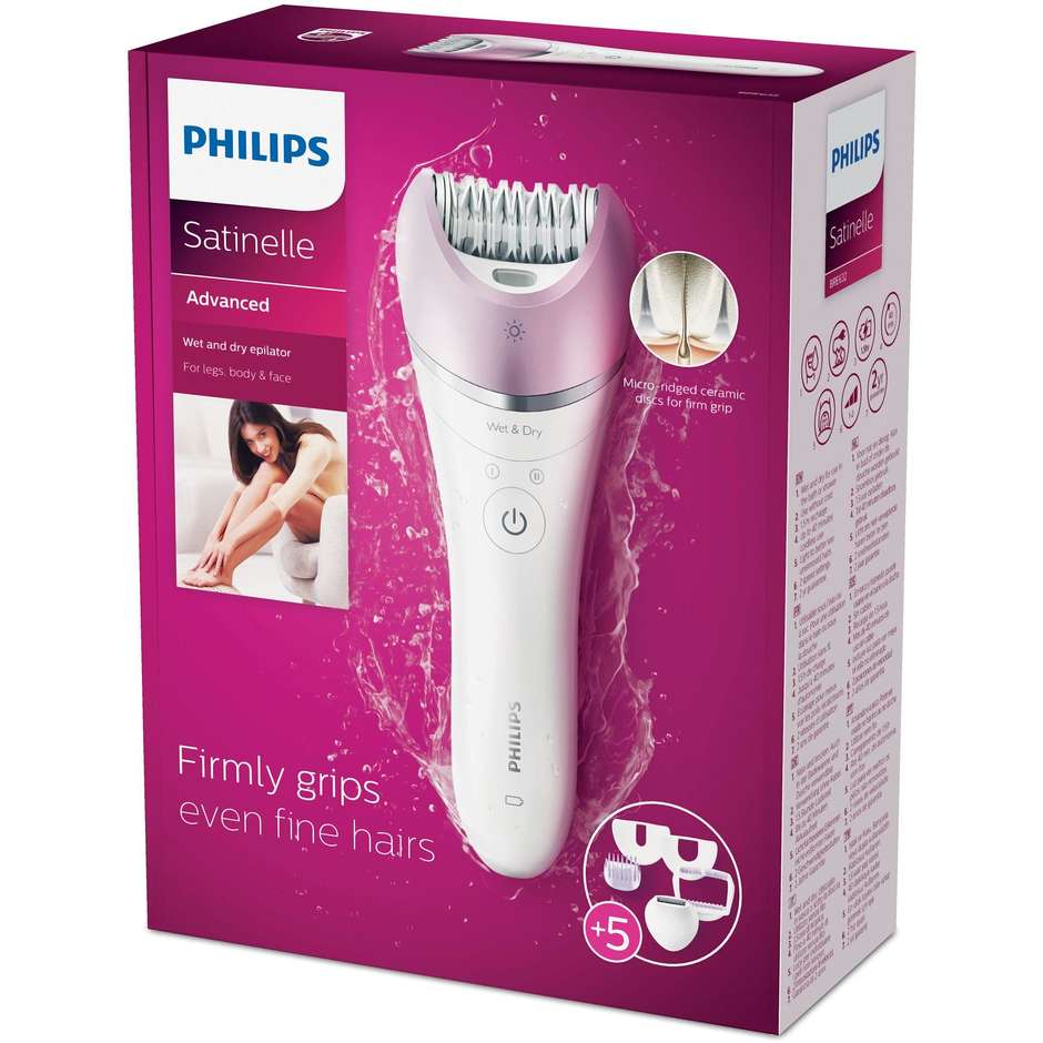 Philips BRE632/00 Satinelle Advanced Wet & Dry epilatore ricaricabile per gambe, corpo e viso colore bianco, rosa