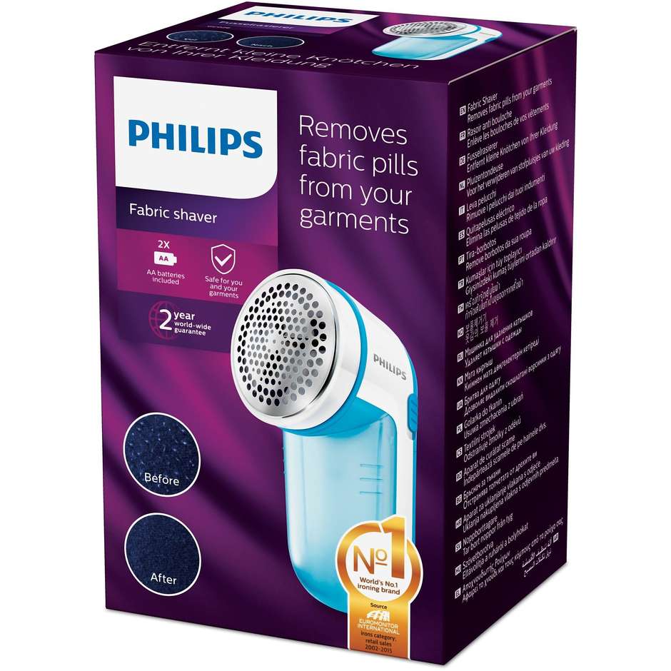 Philips GC026/00 Levapelucchi Elettrico per Tessuti, Lama Rotante 8800 giri/min, Alimentazione 2x AA, Blu/Bianco