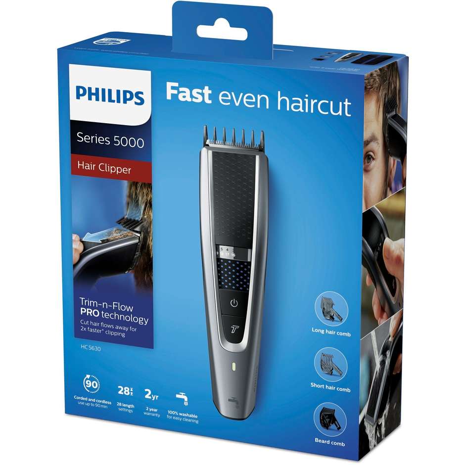 Philips Hairclipper Serie 5000 HC5630/15 Tagliacapelli Ricaricabile Lavabile con Tecnologia Trim-n-Flow Pro Grigio