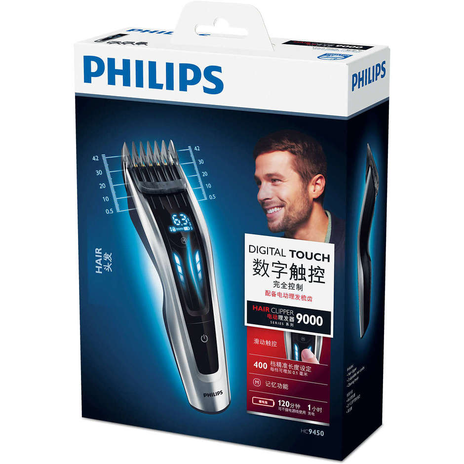 Philips HC9450/15 Hairclipper Regolacapelli ricaricabile autonomia 120 minuti 3 pettini colore nero e argento