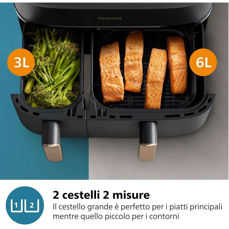 Philips NA352/00 Friggitrice ad Aria Calda 9 L 2750 W con Doppio Cestello Dual Zone Antracite, Rame, Grigio