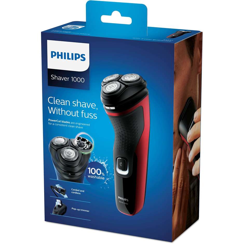 Philips S1333/41 Shaver Rasoio elettrico Wet&Dry Ricaricabile Autonomia 45 min colore Nero,Rosso