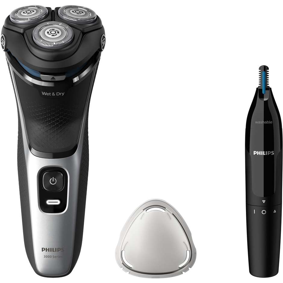 Philips S3143/02 rasoio rotante Wet & Dry PowerCut con rifinitore naso, 60 minuti