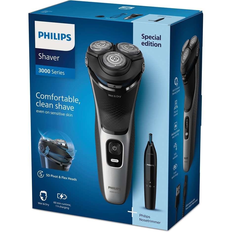 Philips S3143/02 rasoio rotante Wet & Dry PowerCut con rifinitore naso, 60 minuti