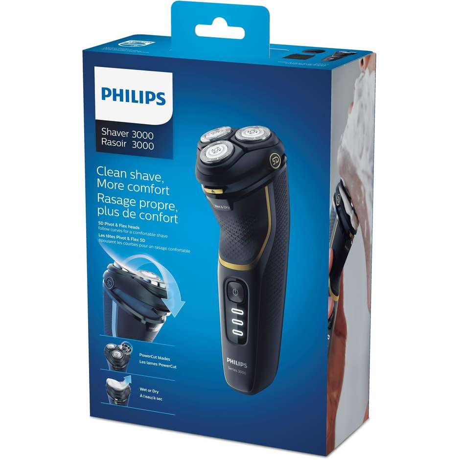 Philips S3333/54 Series 3000 Rasoio elettrico ricaricabile Wet & Dry colore nero e oro