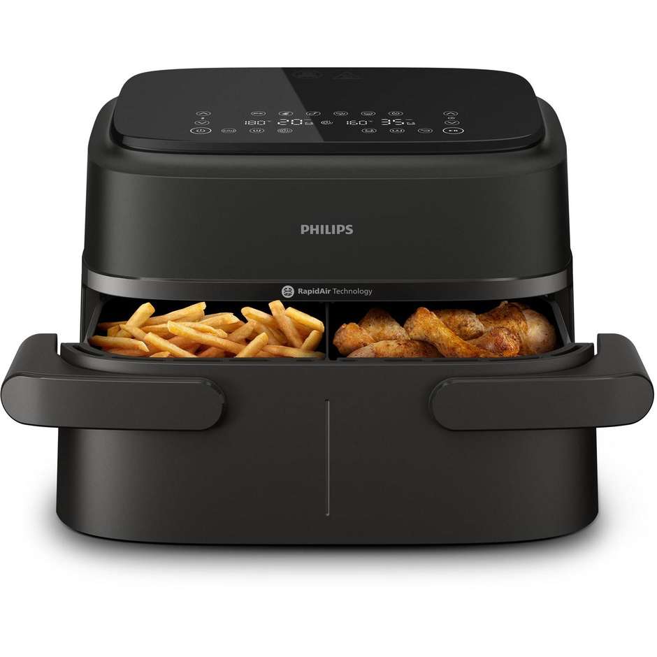 Philips Serie 1000 NA150/00 Friggitrice ad aria Doppio Cestello Capacita 7.1 Lt Potenza 2450 W 10 metodi di cottura App per ricette Colore Nero