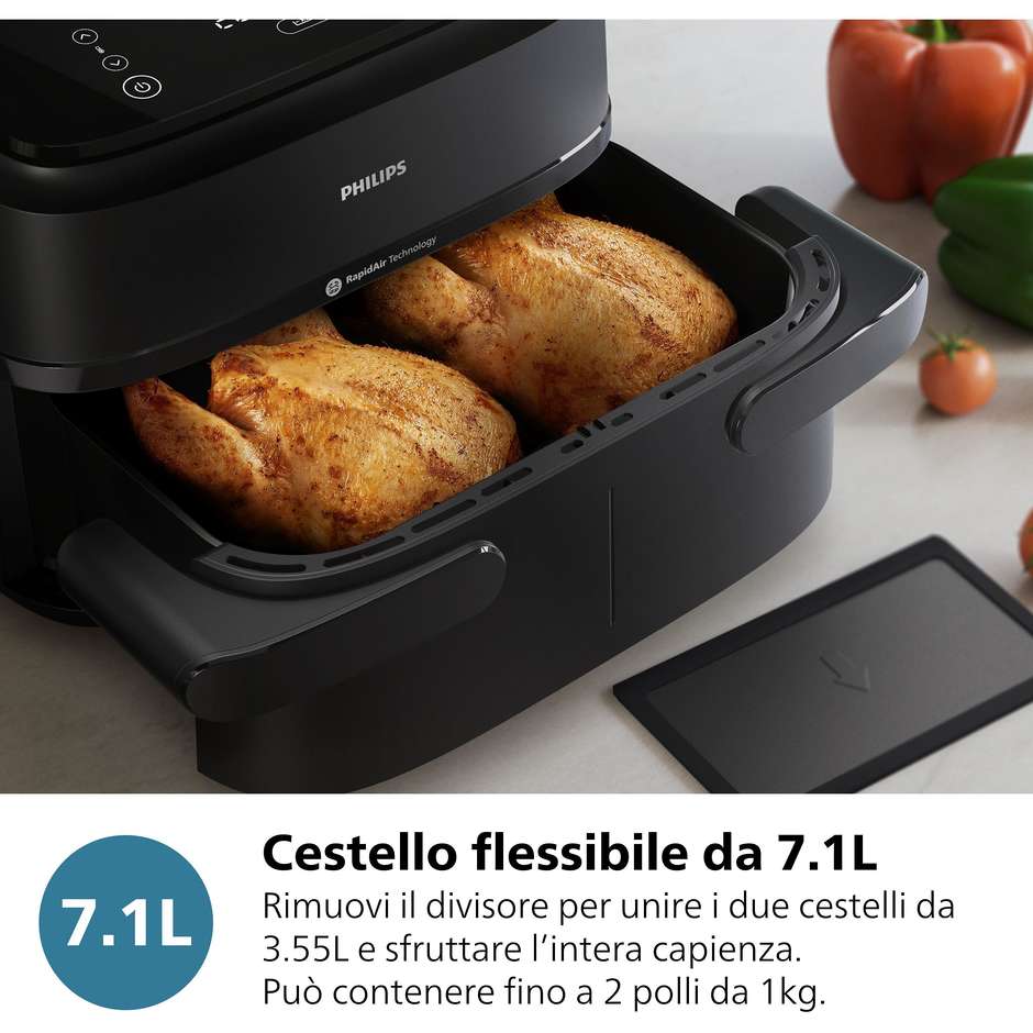 Philips Serie 1000 NA150/00 Friggitrice ad aria Doppio Cestello Capacita 7.1 Lt Potenza 2450 W 10 metodi di cottura App per ricette Colore Nero