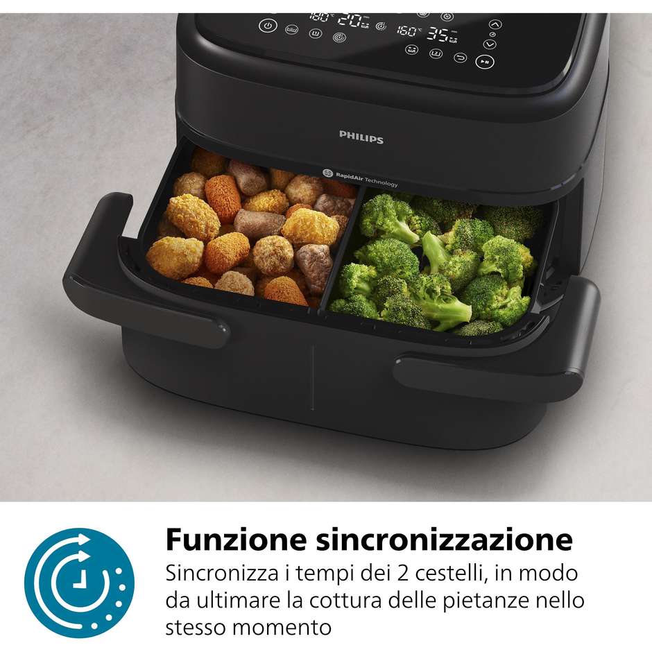 Philips Serie 1000 NA150/00 Friggitrice ad aria Doppio Cestello Capacita 7.1 Lt Potenza 2450 W 10 metodi di cottura App per ricette Colore Nero