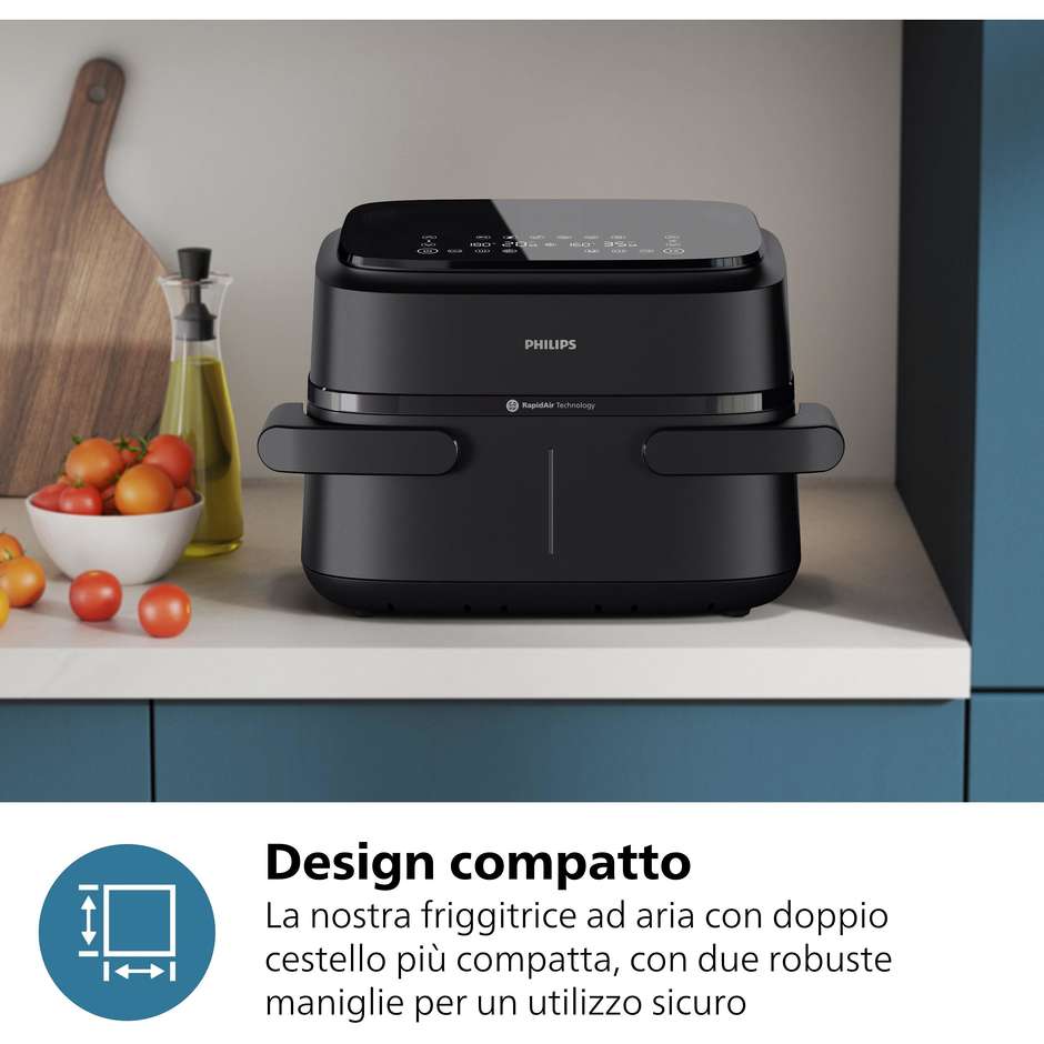 Philips Serie 1000 NA150/00 Friggitrice ad aria Doppio Cestello Capacita 7.1 Lt Potenza 2450 W 10 metodi di cottura App per ricette Colore Nero